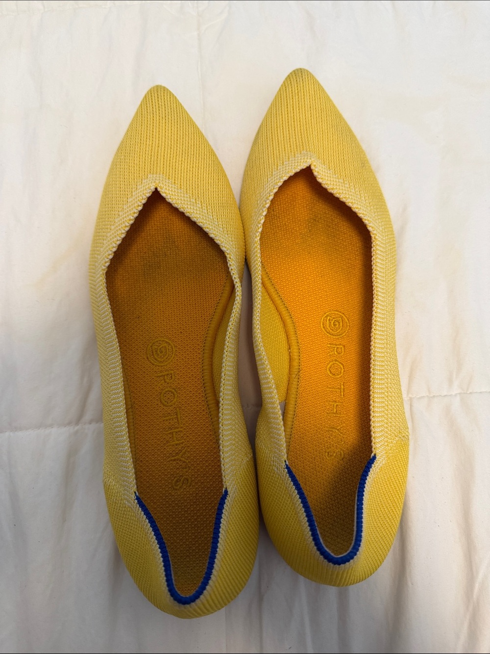 Rothy's Yellow Pointed Knit Flats with Blue Trim
